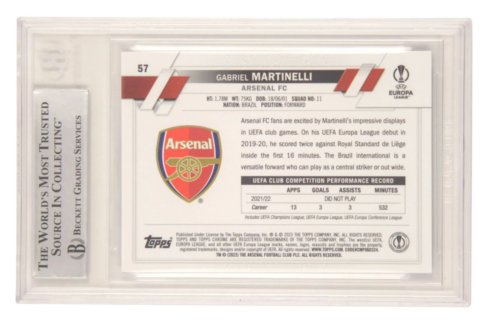 Gabriel Martinelli Signed 2022-23 Topps Chrome Sapphire #57 – BGS Authentic